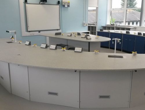 School science lab furniture with curved Velstone worktop and whiteboard