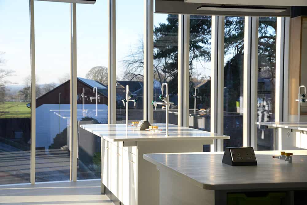 Tonbridge School science lab islands with Velstone worktops.