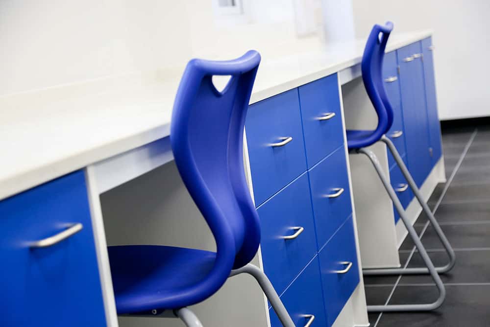 Pathology laboratory design with storage drawers.