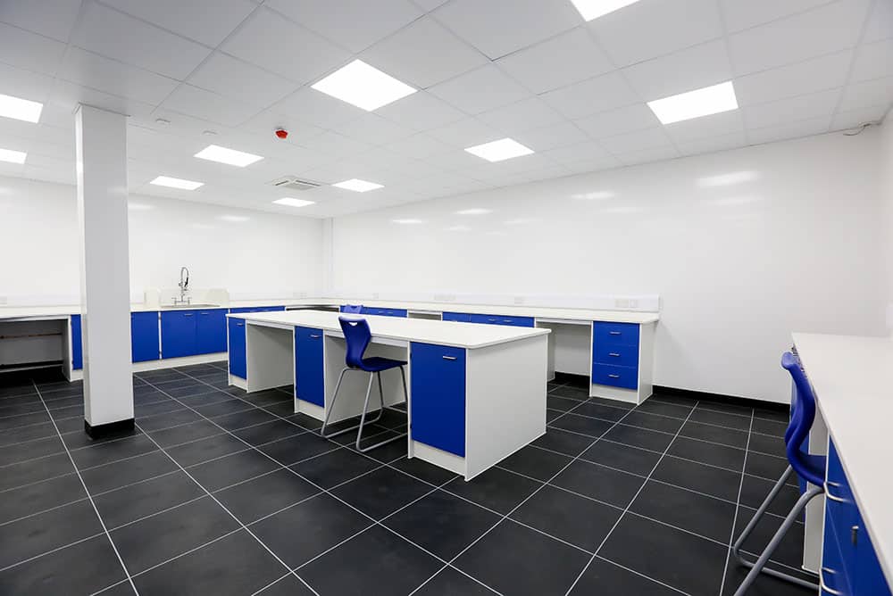 Pathology laboratory design images with contrast blue doors