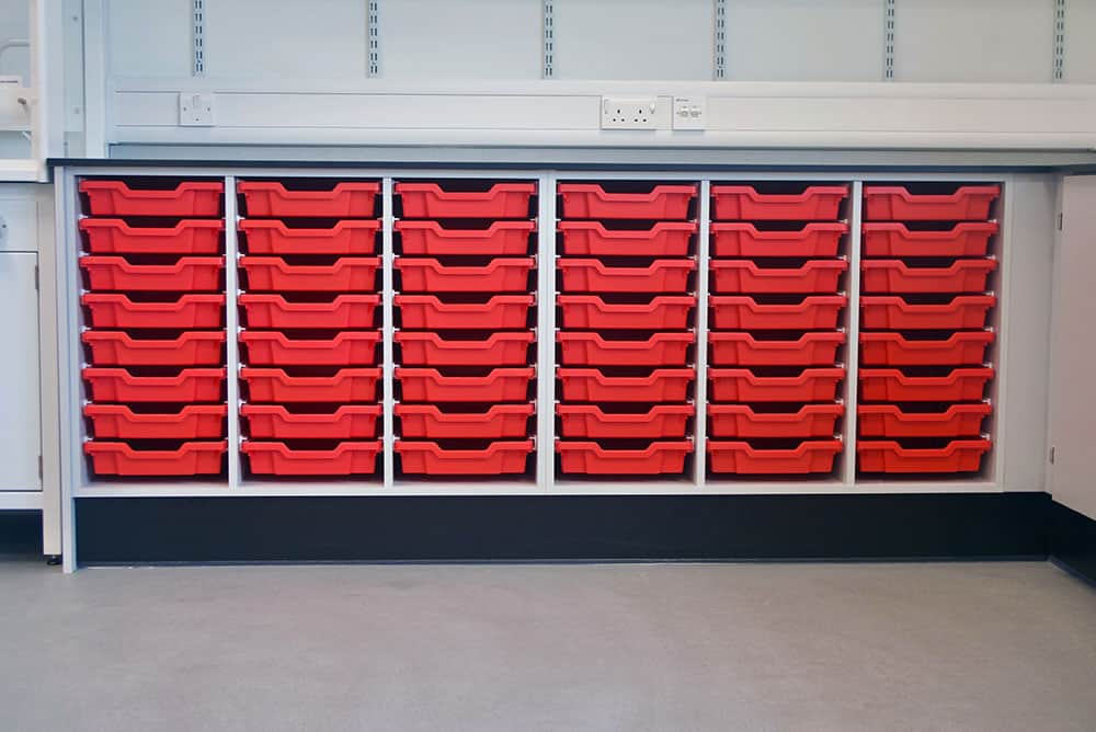 Bury College science laboratory prep room tray storage.