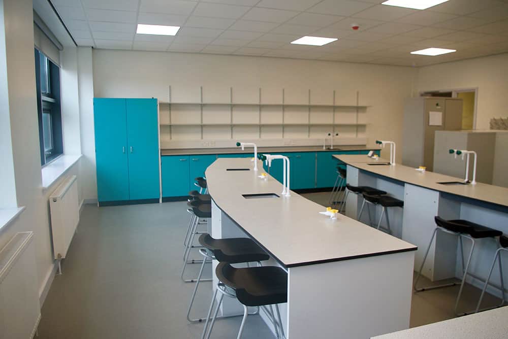 Bury College science lab curved benching.