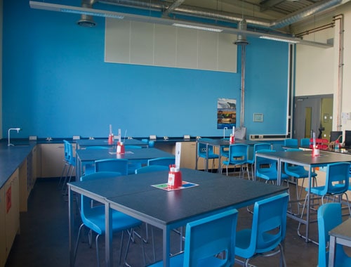 Blue contrast wall and co-ordinating stools