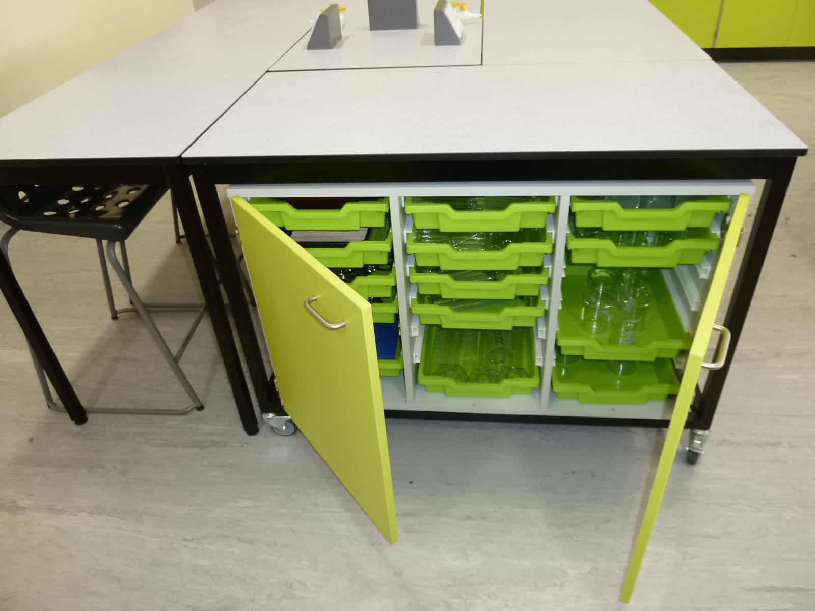 Ryedale School Science Laboratory green tray storage unit.