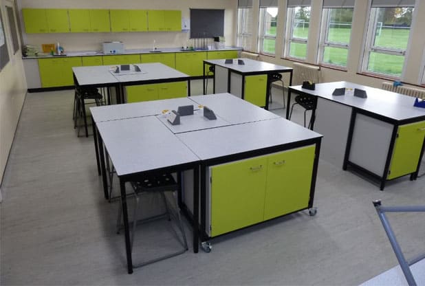 Rydale School Science laboratory featuring mobile table frames with storage under