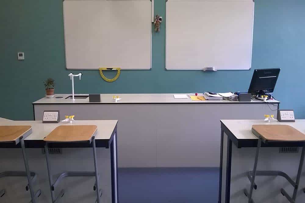 Adcote School for Girls science classroom with turquoise contrast wall.