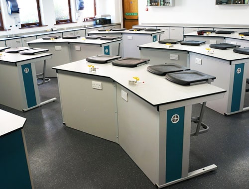 School Laboratory Furniture - Trent College Cranked Island Benching with Trespa worktops