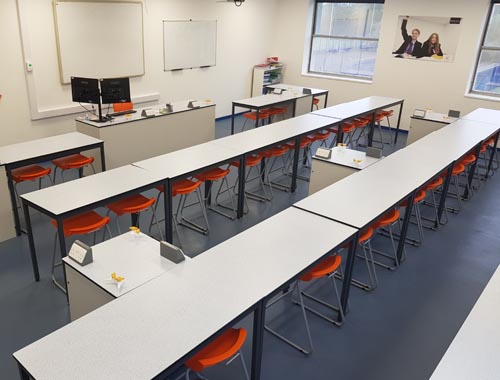 Leasowes School science laboratory refurbishment with contrast orange stools