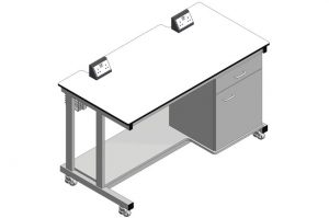 Mobile laboratory benches with cupboard, shelf and electrical outlets